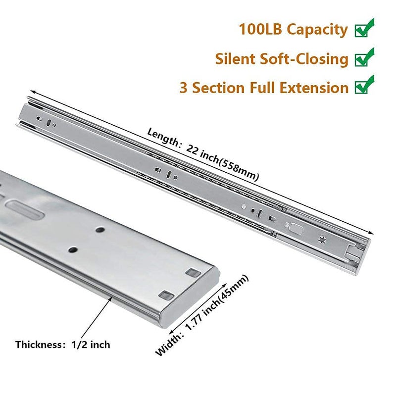 LONTAN 1 Pair 22 Inch Side Mount Soft Close Drawer Slides 3 FOLD Full Extension Drawer Glides - 4502S3-22 Heavy Duty Ball Bearing Cabinet Rails with Rear Mounting Brackets 100 LB Capacity - Image 2